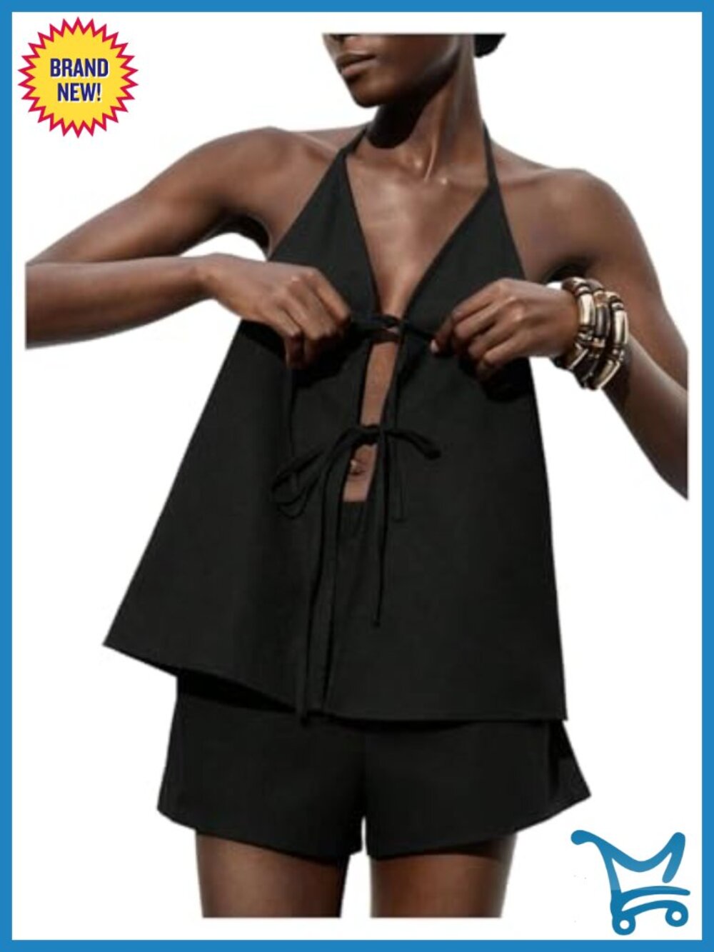 Linen Two Piece Set Halter Top Shorts Vacation Outfit Tie Back Sleeveless